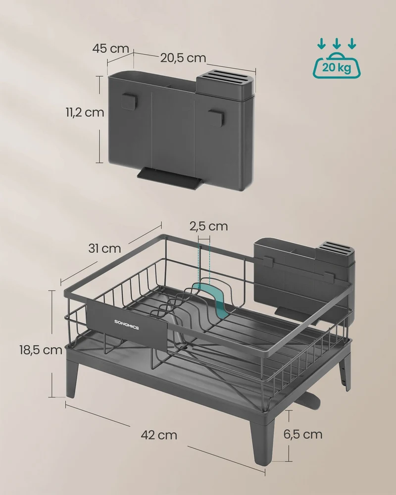 Égouttoir à vaisselle extensible avec porte-couverts 31 x 42 x 18,5 cm en acier gris anthracite 12_0012870