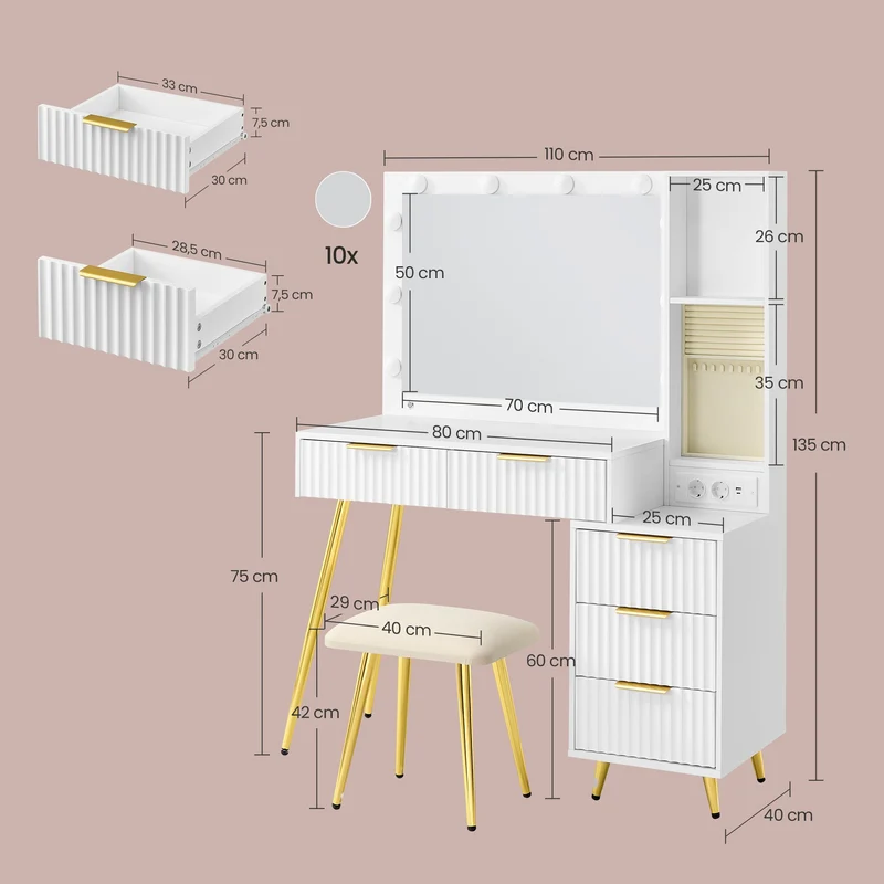 Coiffeuse avec miroir LED et 9 tiroirs moderne 40 x 110 x 135 cm espace de rangement pratique en MDF blanc 12_0013165