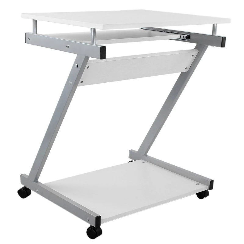 Bureau table meuble travail informatique avec tablette clavier et roulettes blanc 0512002