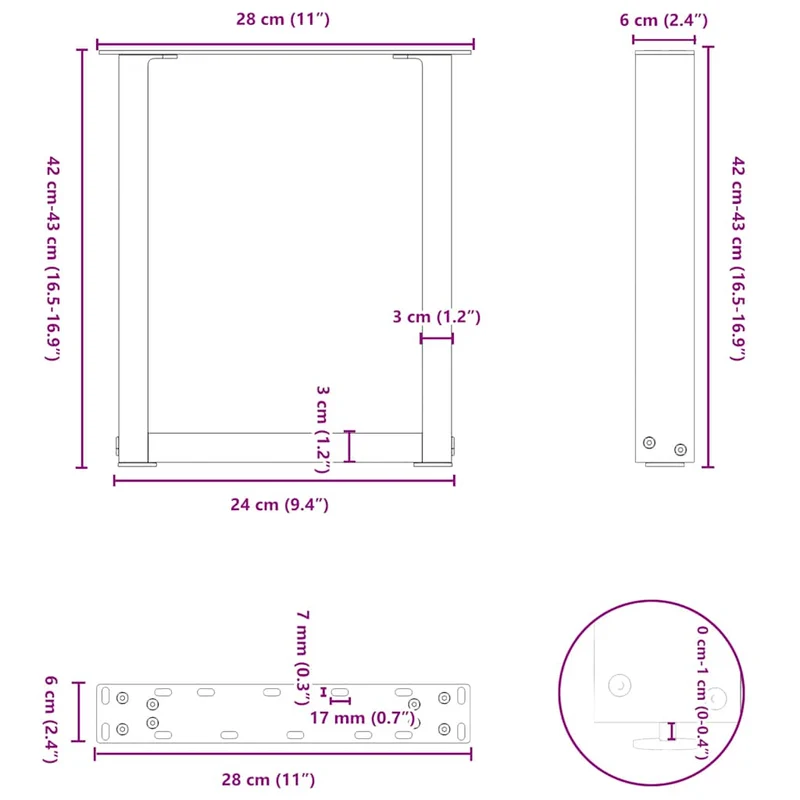 Lot de 2 pieds de table basse en U avec niveleurs réglables 28 x 42 cm design moderne en acier blanc 02_0057389