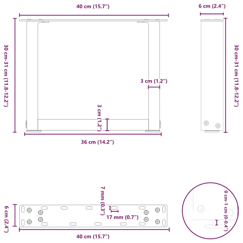 Lot de 2 pieds de table basse en U 40 x 30-31 cm avec niveleurs réglables design moderne en acier anthracite 02_0057374