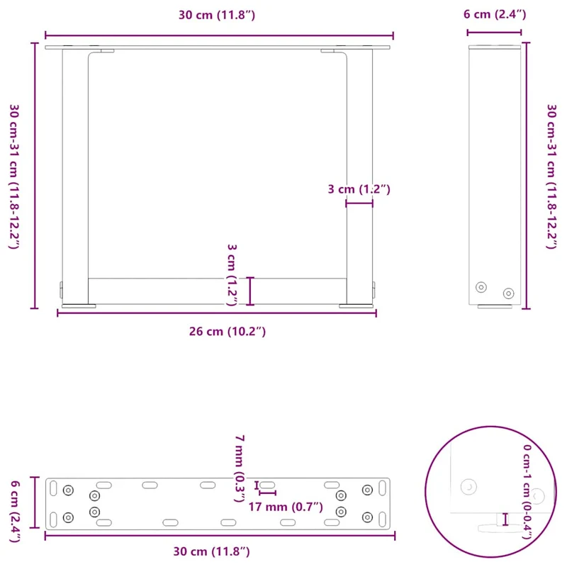 Lot de 2 pieds de table basse en U 30 x 30 cm avec niveleurs réglables design moderne en acier anthracite 02_0057370