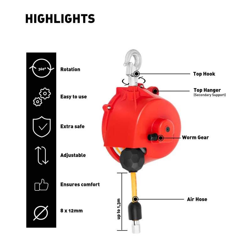 Enrouleur équilibreur de charge pneumatique compensateur air comprimé à ressort (0,5 - 1,5 kg, longueur de flexible : 1,3 m, taille du flexible : 8 x 12 mm) 14_0006797