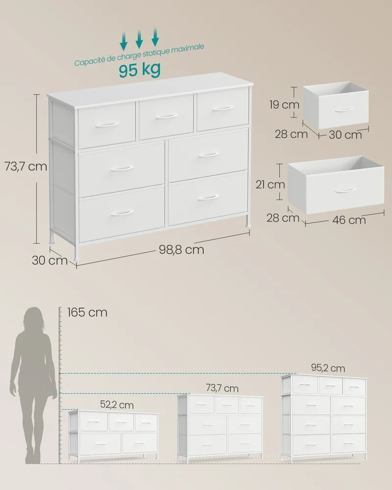 Commode de rangement moderne 30 x 98,8 x 73,7 cm capacité 40 kg 9 tiroirs style contemporain en MDF blanc neige 12_0012902