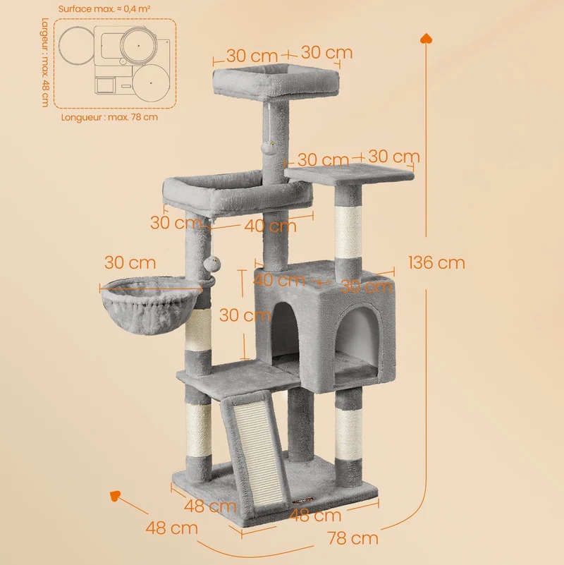 Arbre à chat tour avec poteaux à griffer 48 x 48 x 136 cm confort et design moderne en sisal gris tourterelle 12_0012305