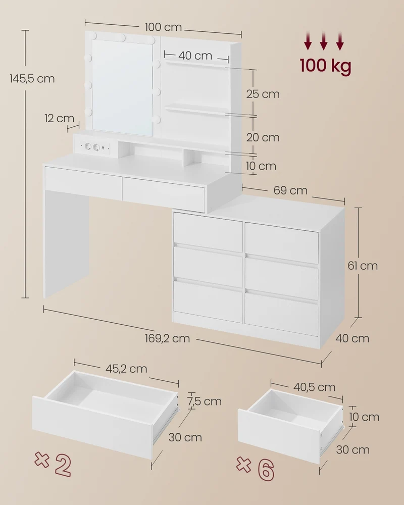 Coiffeuse modulable avec miroir LED 40 x 169,2 x 145,5 cm éclairage 3 couleurs 8 tiroirs style contemporain en panneau aggloméré blanc 12_0012364
