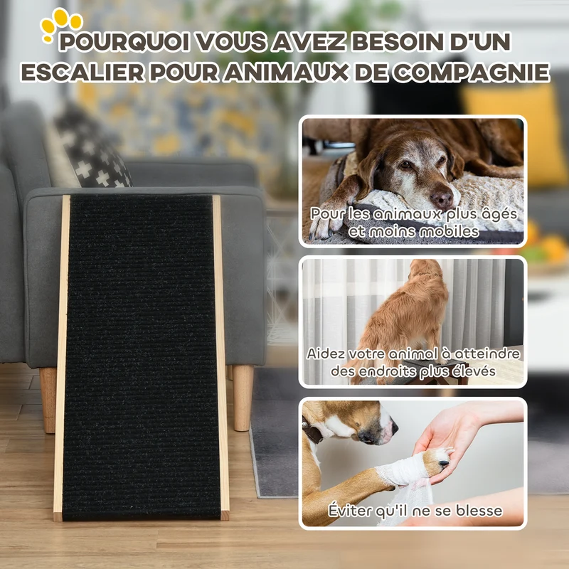 Rampe pour chien pliable accès canapé 90 x 40 x 61 cm hauteur réglable antidérapante épuré grands chiens en pin noir 21_0007417
