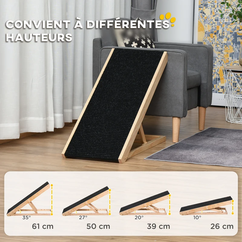 Rampe pour chien pliable accès canapé 90 x 40 x 61 cm hauteur réglable antidérapante épuré grands chiens en pin noir 21_0007417