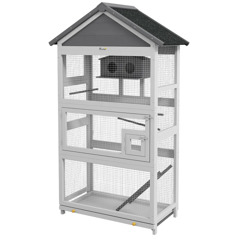Cage à oiseaux sur pied aire de jeux pour perruches 92 x 52 x 171 cm plateau nichoir extérieur rustique en bois gris 21_0007587