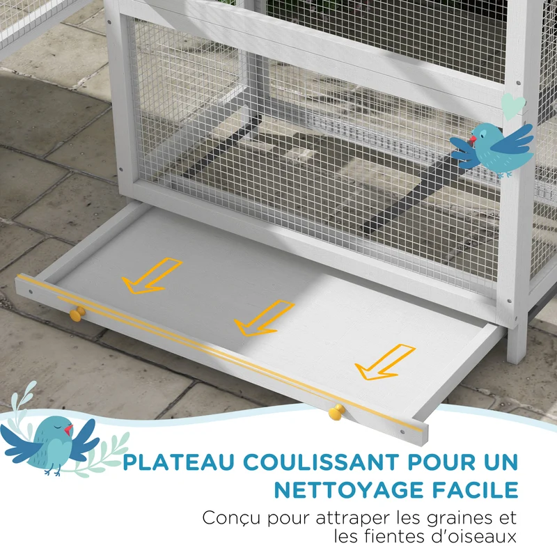 Cage à oiseaux sur pied aire de jeux pour perruches 92 x 52 x 171 cm plateau nichoir extérieur rustique en bois gris 21_0007587