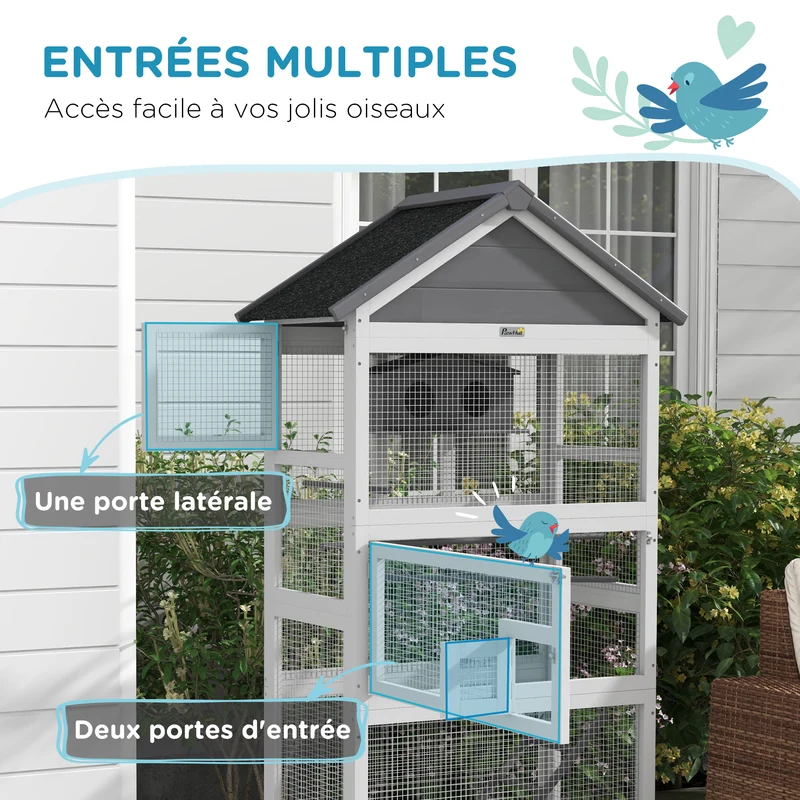 Cage à oiseaux sur pied aire de jeux pour perruches 92 x 52 x 171 cm plateau nichoir extérieur rustique en bois gris 21_0007587