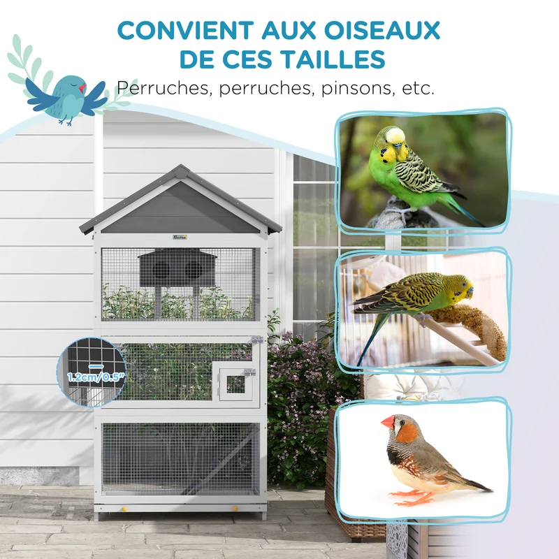 Cage à oiseaux sur pied aire de jeux pour perruches 92 x 52 x 171 cm plateau nichoir extérieur rustique en bois gris 21_0007587