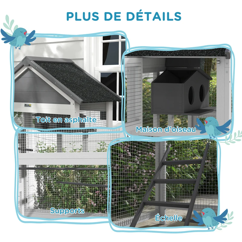 Cage à oiseaux sur pied aire de jeux pour perruches 92 x 52 x 171 cm plateau nichoir extérieur rustique en bois gris 21_0007587