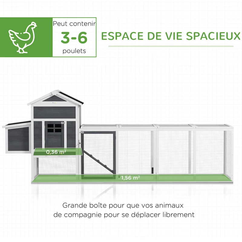 Poulailler surélevé avec grand enclos 297,5 x 68 x 118 cm pondoir bac amovible niche séparée rustique en bois blanc 21_0007958