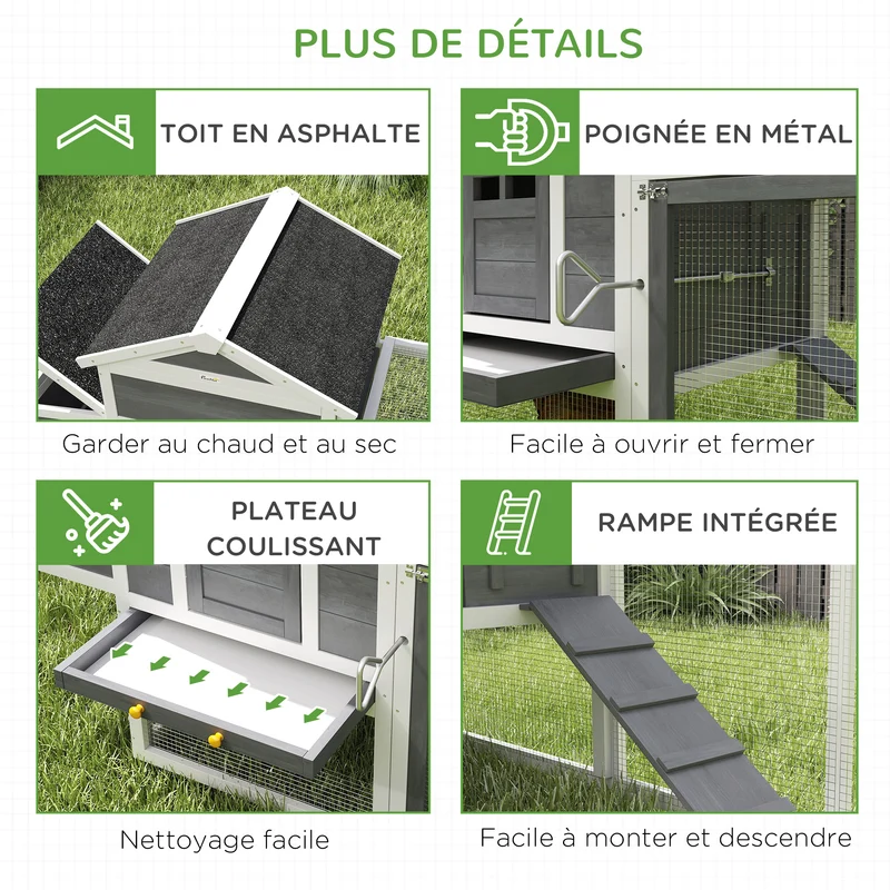 Poulailler surélevé avec grand enclos 297,5 x 68 x 118 cm pondoir bac amovible niche séparée rustique en bois blanc 21_0007958