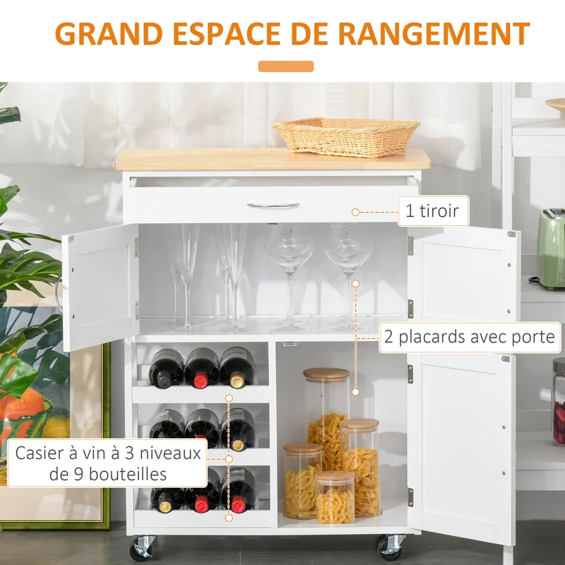 Desserte de cuisine à roulettes 67 x 37 x 87 cm tiroir casier 9 bouteilles finition vernie contemporain en MDF blanc 21_0001013