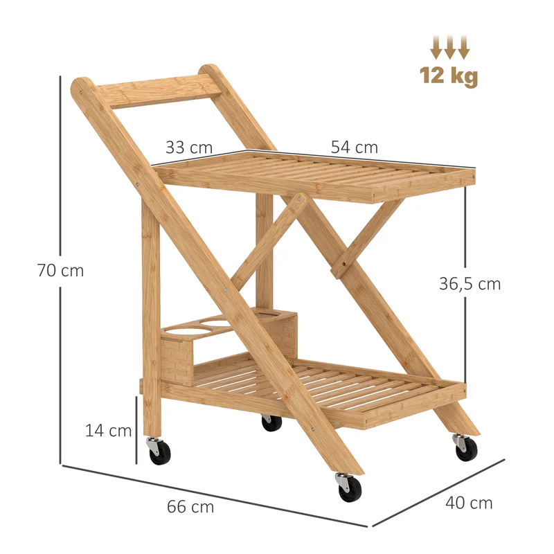 Desserte de cuisine pliable 2 plateaux 3 casiers roulettes freinées 66 x 40 x 70 cm scandinave en bambou bois naturel 21_0001051