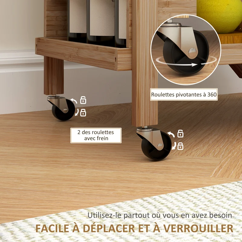 Desserte de cuisine pliable 2 plateaux 3 casiers roulettes freinées 66 x 40 x 70 cm scandinave en bambou bois naturel 21_0001051
