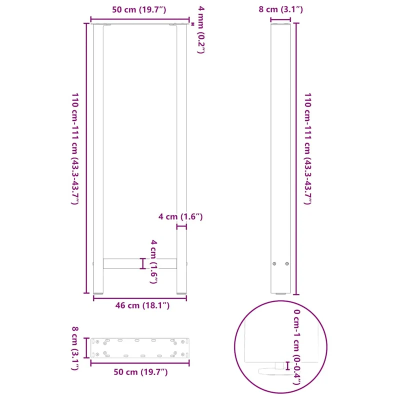 Lot de 2 pieds de table de bar modernes avec niveleurs réglables 50 x 110 cm en acier anthracite 02_0057594