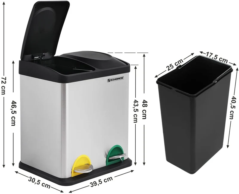 Poubelle de cuisine 30 litres résistante avec pédales et 2 compartiments tri sélectif de recyclage en inox 12_0000925