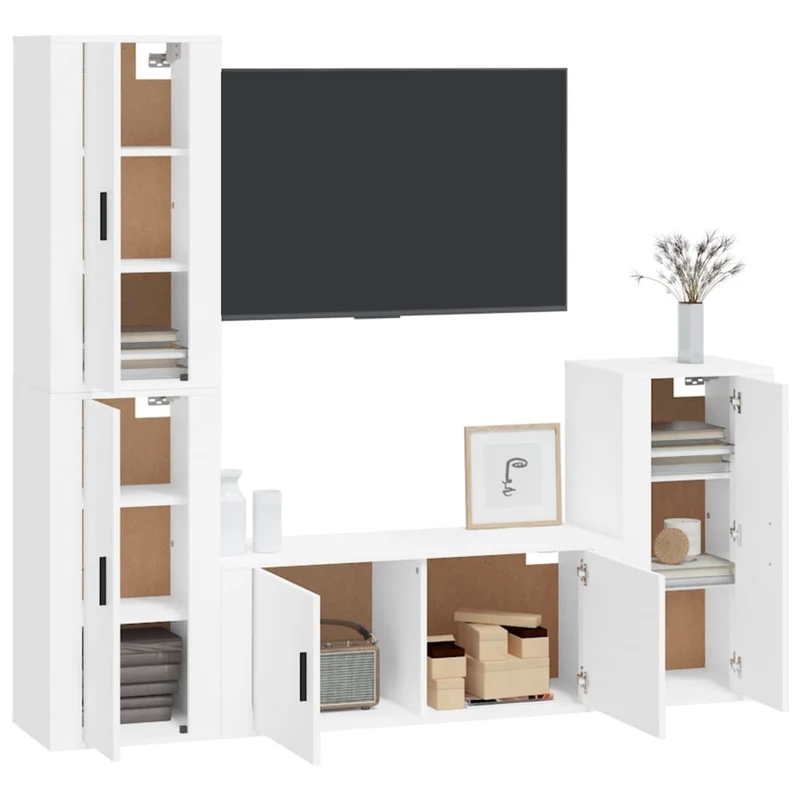 Ensemble de meubles armoire buffet TV télévision salon chambre séjour 4 pièces bois d'ingénierie blanc 02_0024656