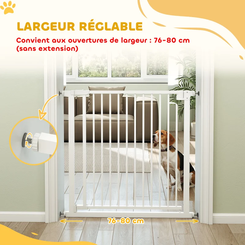 Barrière de sécurité pour portes et couloirs 76 à 80 x 76 cm double verrouillage sans perçage moderne en acier blanc 21_0007495