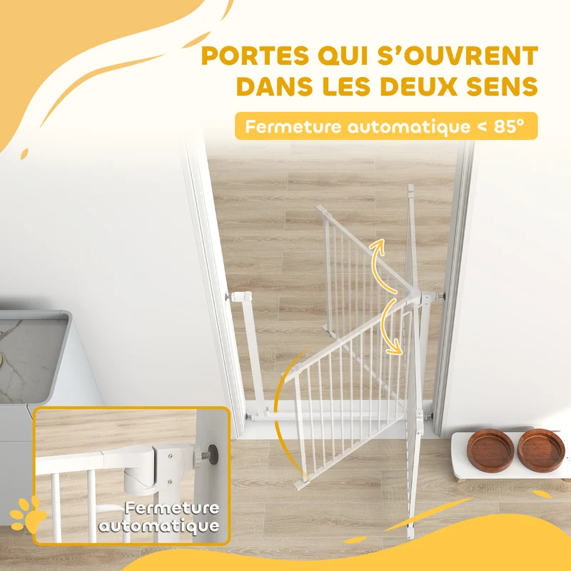Barrière de sécurité pour portes et couloirs 76 à 80 x 76 cm double verrouillage sans perçage moderne en acier blanc 21_0007495