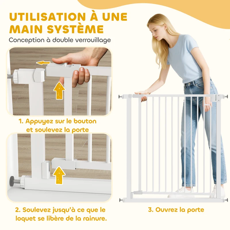 Barrière de sécurité pour portes et couloirs 76 à 80 x 76 cm double verrouillage sans perçage moderne en acier blanc 21_0007495