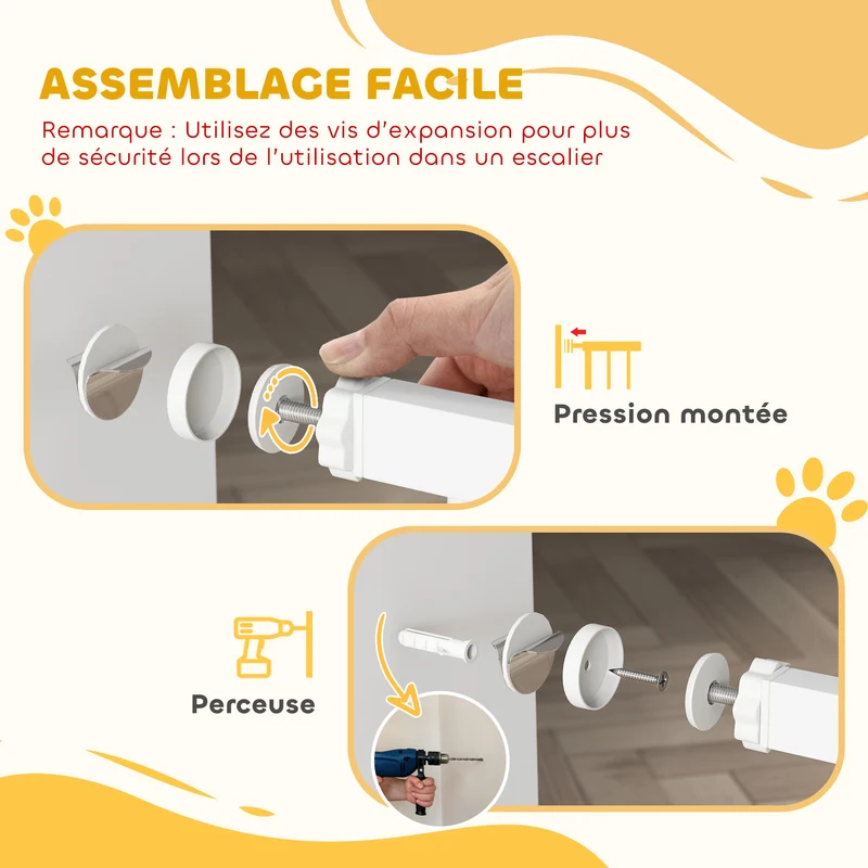 Barrière de sécurité pour portes et couloirs 76 à 80 x 76 cm double verrouillage sans perçage moderne en acier blanc 21_0007495
