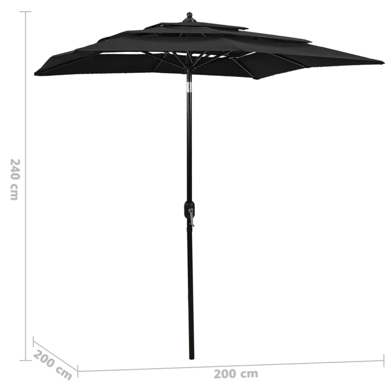 Parasol à 3 niveaux avec mât en aluminium 2 x 2 m noir 02_0008758