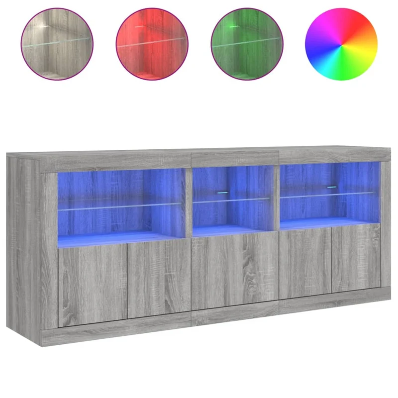 Buffet bahut commode armoire meuble de rangement organisateur cuisine salle de séjour salon avec lumières LED sonoma 162 x 37 x 67 cm gris 02_0030056