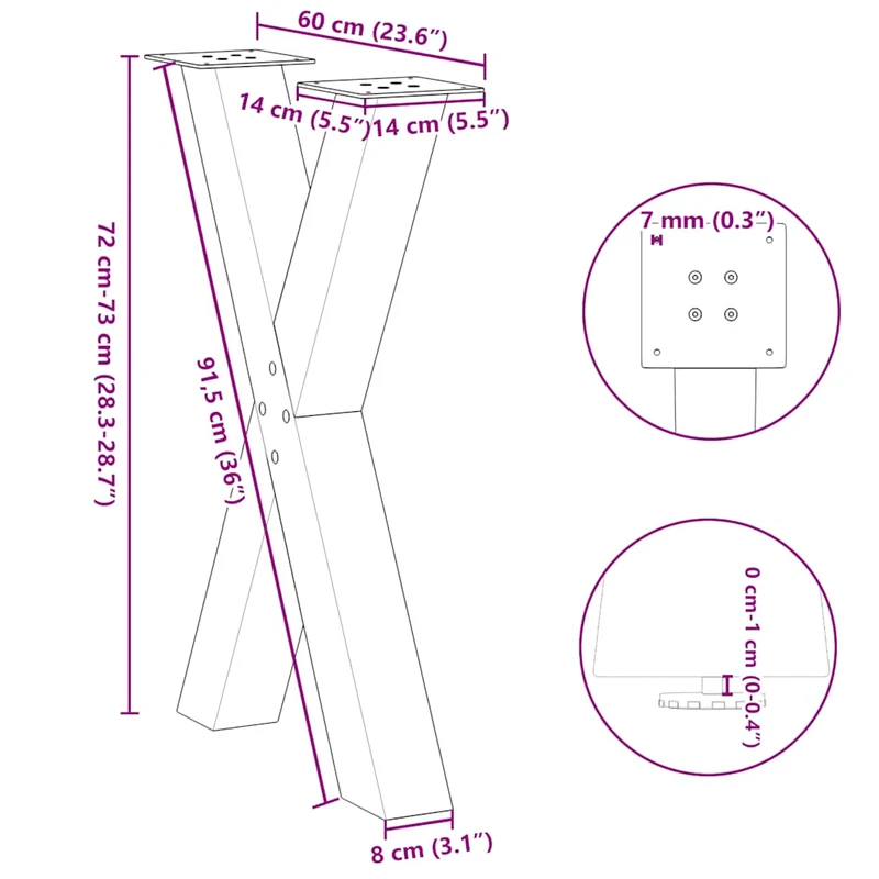 Lot de 2 pieds de table à manger en forme de X 60 x 73 cm robustes modernes avec niveleurs en acier naturel 02_0057247