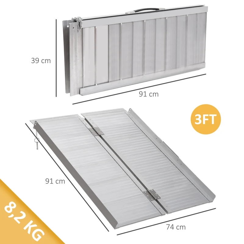Rampe de fauteuil roulant pliable accès surélevé 91 x 74 x 5 cm antidérapante charge 270 kg design en aluminium argent 21_0000861