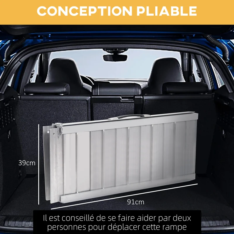 Rampe de fauteuil roulant pliable accès surélevé 91 x 74 x 5 cm antidérapante charge 270 kg design en aluminium argent 21_0000861