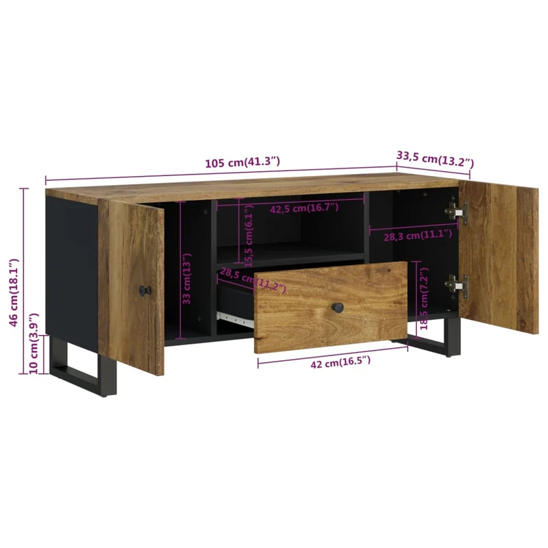 Meuble TV multimédia étagère télévision buffet téléviseur salle à manger salon chambre 105 x 33,5 x 46 cm bois de manguier et d'ingénierie brun 02_0025682