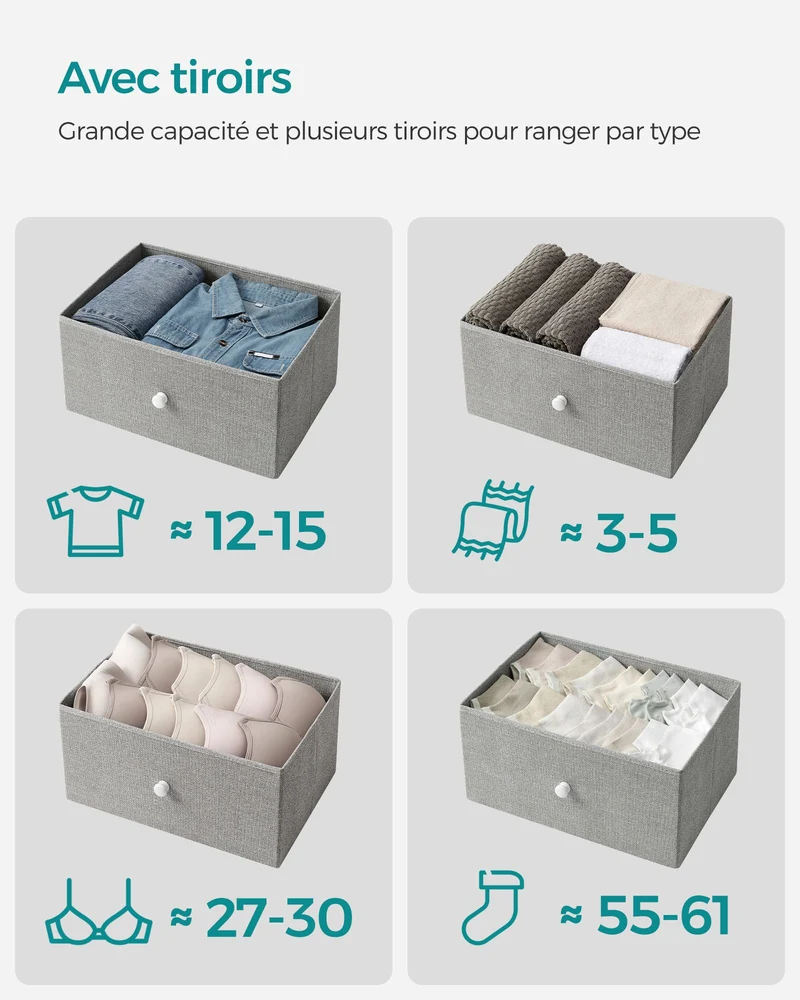 Commode meuble de rangement pour chambre colonne de rangement en tissu avec 4 tiroirs cadre en métal gris clair et blanc 12_0005216