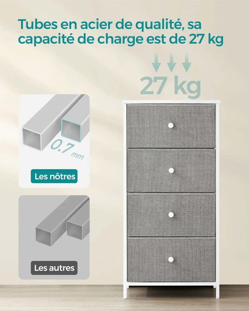 Commode meuble de rangement pour chambre colonne de rangement en tissu avec 4 tiroirs cadre en métal gris clair et blanc 12_0005216