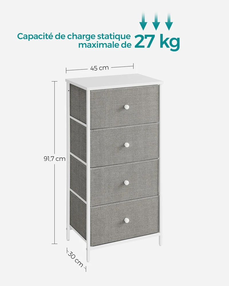 Commode meuble de rangement pour chambre colonne de rangement en tissu avec 4 tiroirs cadre en métal gris clair et blanc 12_0005216