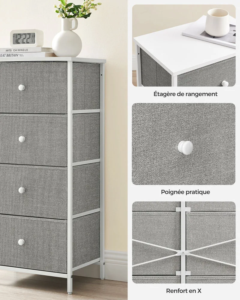 Commode meuble de rangement pour chambre colonne de rangement en tissu avec 4 tiroirs cadre en métal gris clair et blanc 12_0005216