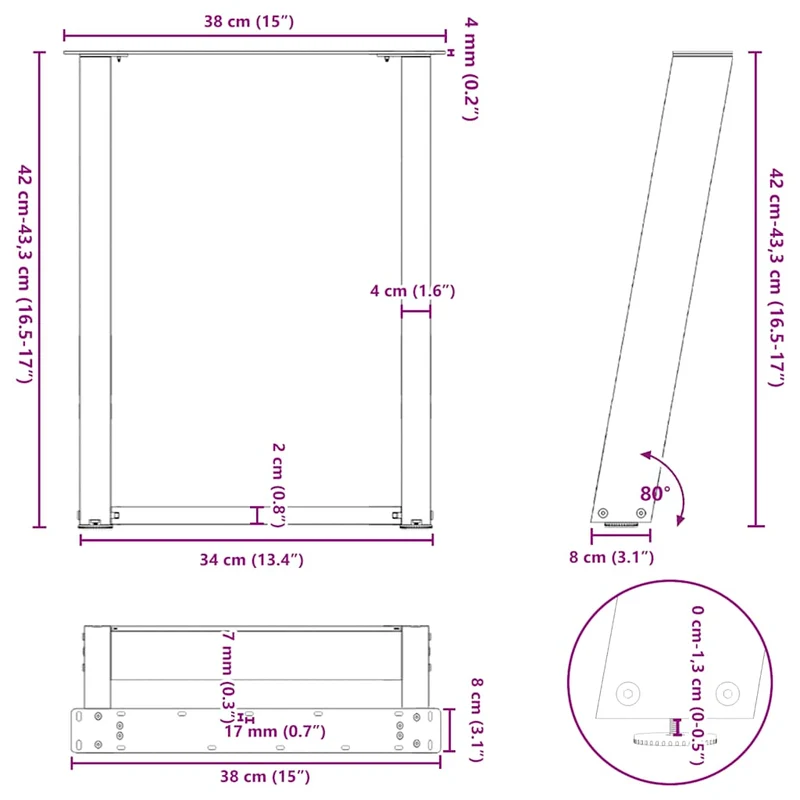 Lot de 2 pieds de table basse en U design moderne 38 x 42-43 cm avec niveleurs ajustables en acier blanc 02_0057045