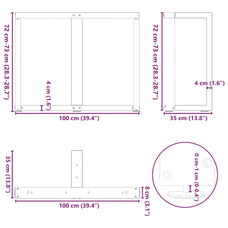 Lot de 2 pieds de table à manger en T réglables 100 x 35 x 73 cm moderne en acier blanc 02_0057335