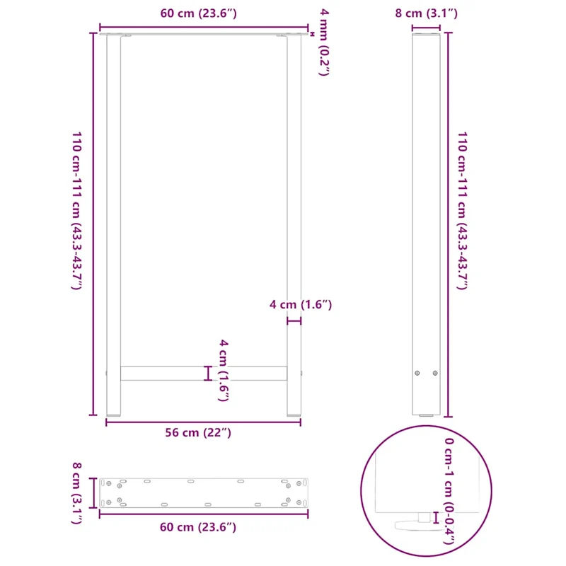 Lot de 2 pieds de table de bar réglables pour plateau de taille adaptée 60 x 111 cm en acier noir 02_0057596