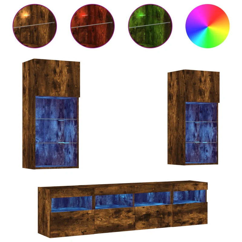 Meubles TV multimédia étagère télévision buffet téléviseur salle à manger salon chambre avec LED 5 pièces chêne fumé bois d'ingénierie brun 02_0029407