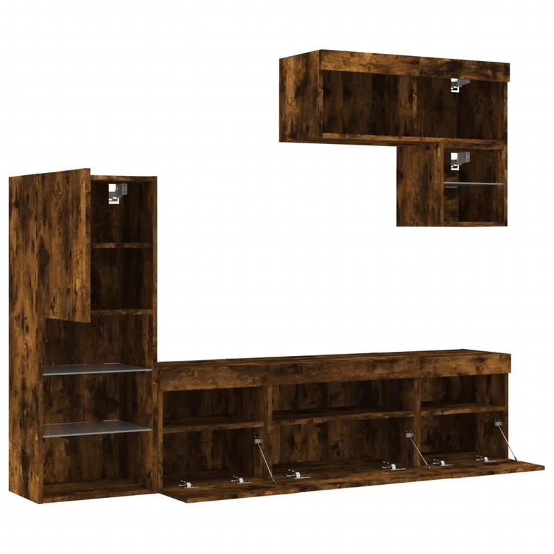 Meubles TV multimédia étagère télévision buffet téléviseur salle à manger salon chambre avec LED 6 pièces chêne fumé bois d'ingénierie brun 02_0029451