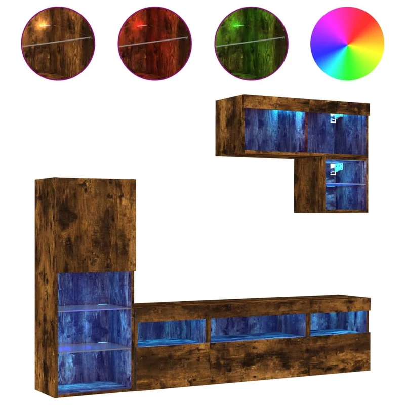 Meubles TV multimédia étagère télévision buffet téléviseur salle à manger salon chambre avec LED 6 pièces chêne fumé bois d'ingénierie brun 02_0029451