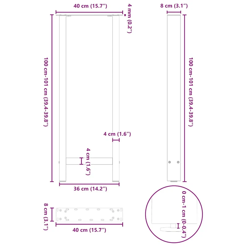 Lot de 2 pieds de table de bar modernes 40 x 100 cm avec niveleurs ajustables en acier noir 02_0057576