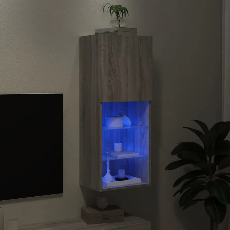 Meuble TV multimédia étagère télévision buffet téléviseur salle à manger salon chambre avec lumières LED sonoma 40,5 x 30 x 102 cm gris 02_0026823