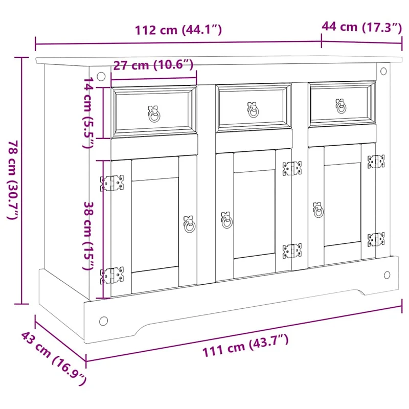 Buffet bahut commode armoire meuble de rangement organisateur cuisine salle de séjour salon Corona 112 x 43 x 78 cm bois massif pin me x icain marron 02_0031749