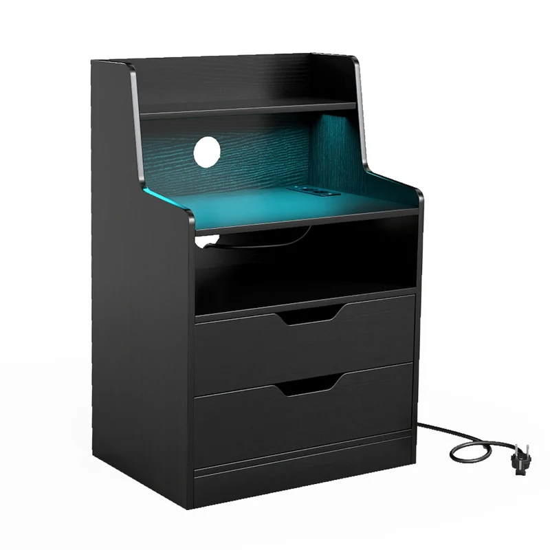 Table de chevet LED avec tiroirs 45 x 35 x 72,5 cm solution de charge intégrée design moderne en MDF noir 20_0017798