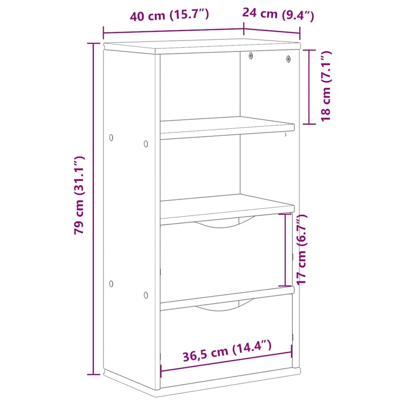 Armoire latérale classique avec 2 tiroirs et 2 étagères 40 x 24 x 79 cm en bois massif pin 02_0058041